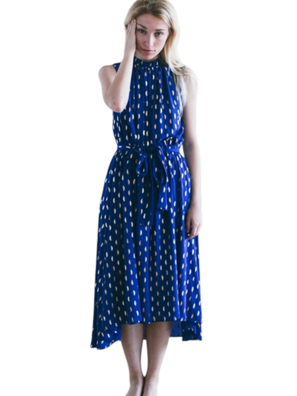 Sfera Azul/Gold Teardrop High Neck Sleeveless Tie-Waist Hi-Lo Midi Dress (S)